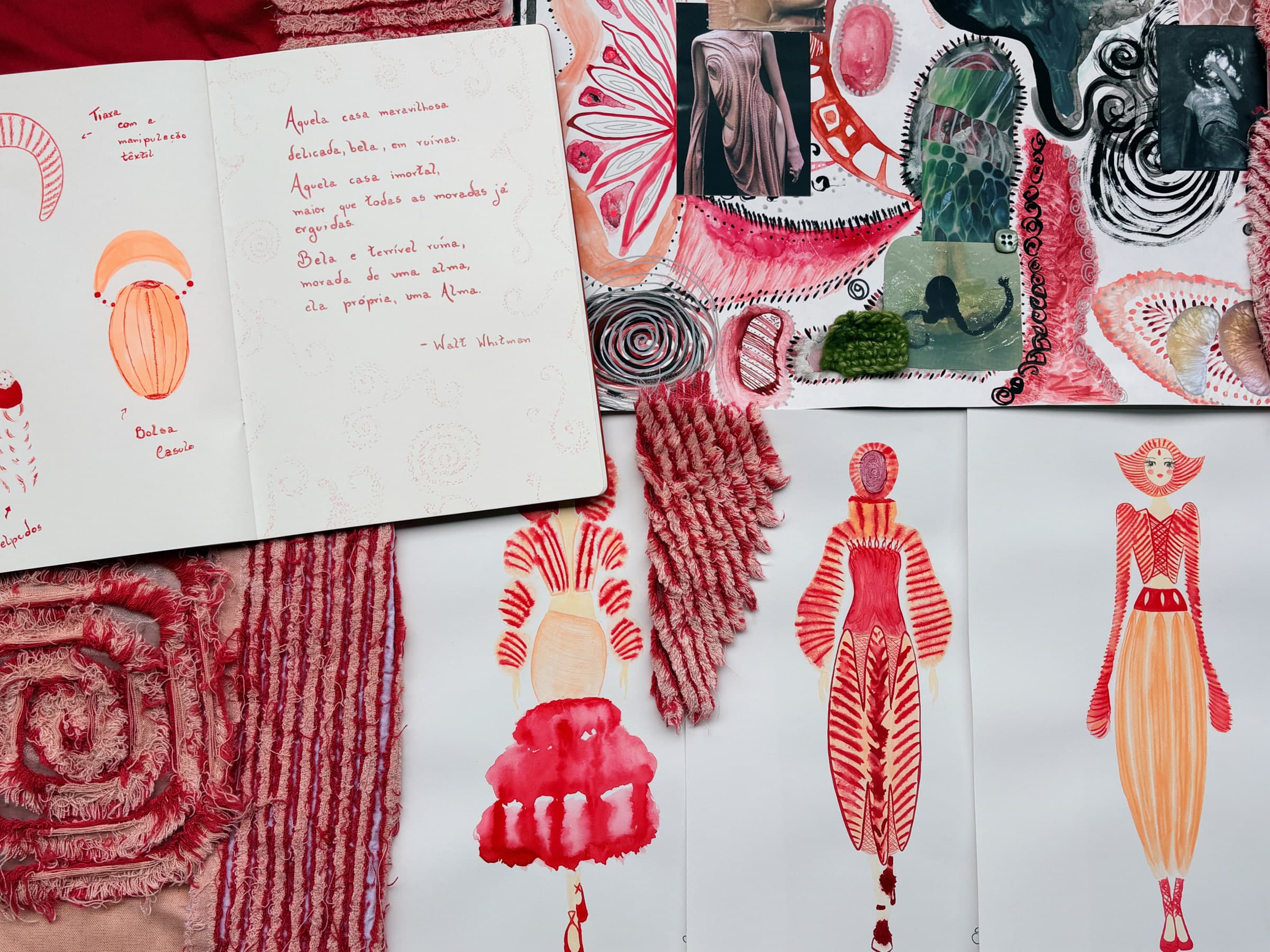 Croquis, referências visuais e uma página de anotações reunidos em um painel.